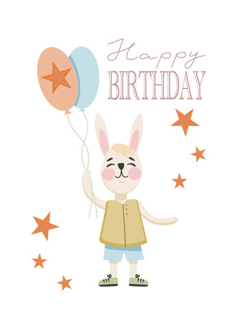 Childrens happy birthday card.Cute rabbit with ballons and calligraphy. Vector illustration templateのイラスト素材