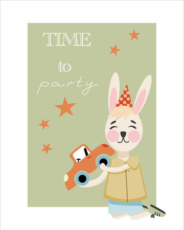 Time to party. Happy birthday card.Cute rabbit with flower and calligraphy.Vector illustrationのイラスト素材