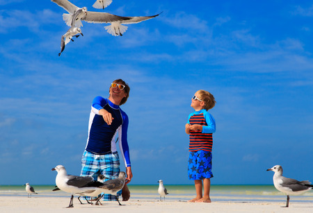 father and son feeding seagulls on summer beachの写真素材