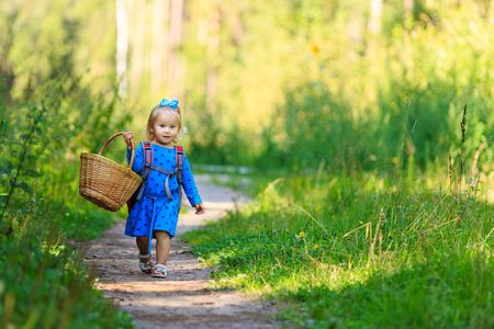 cute little girl picking mushrooms in summer forest, kids summer outdoor activitiesの写真素材