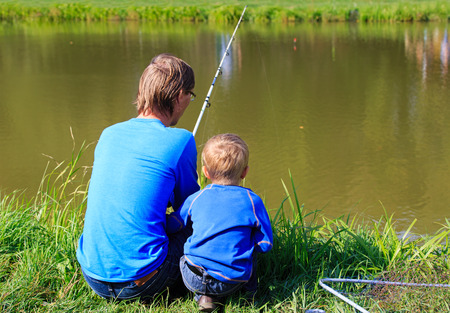 Father and son fishing on the lake