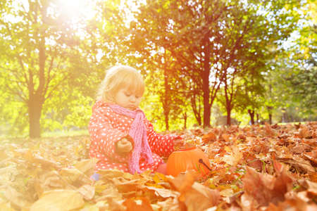 cute little girl playing with autumn fall leaves
