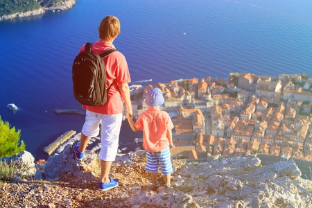 father and little son travel in Europe, Croatiaの写真素材