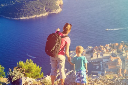 mother and son looking at scenic view in Dubrovnik, Croatiaの写真素材