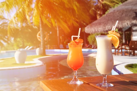 Two cocktails on luxury tropical beach vacationの写真素材