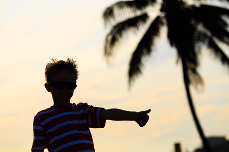 Silhouette of happy little boy play at sunset skyの写真素材