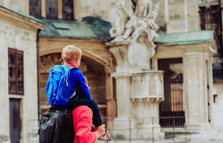 father and little son travel in the city of Vienna, Austria