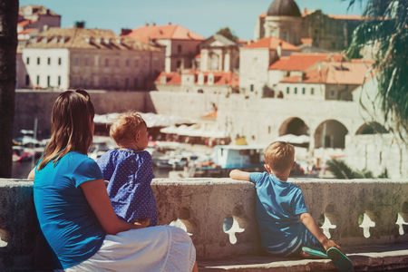 mother with two kids looking at Dubrovnik, Croatia, family travelの写真素材