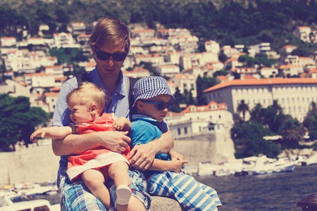 father and kids on vacation in Dubrovnik, Croatia, Europeの写真素材
