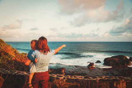 family travel Mauritius- mother and son looking at Gris Gris cape on South of Mauritiusの写真素材