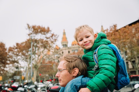 father and little son travel in Barcelona, Spain, Europeの写真素材