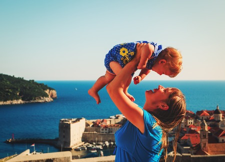 mother and cute little daughter on vacation in Dubrovnik, Croatiaの写真素材