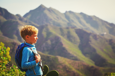 little boy with backpack hiking in mountainsの写真素材