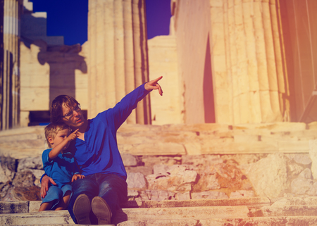 father and son travel in Acropolis, Athens, Greeceの写真素材