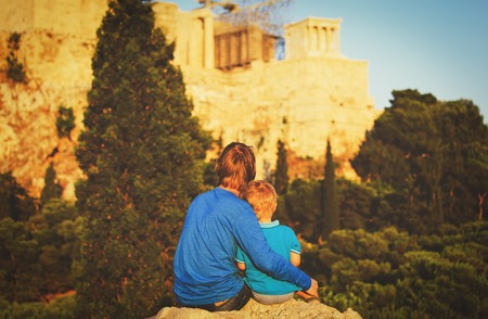 father and son travel in Acropolis, Athens, Greeceの写真素材