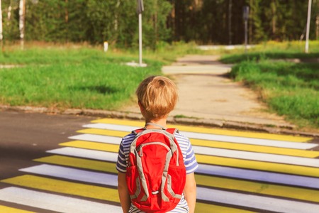 little boy with backpack go to school