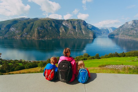 mother with kids travel in Norwayの写真素材