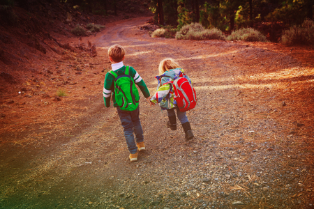 little boy and girl travel hiking in natureの写真素材