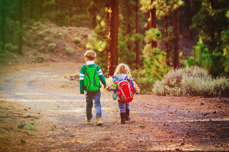little boy and girl travel hiking in natureの写真素材