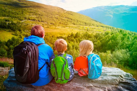 family hiking travel in mountains, Norwayの写真素材