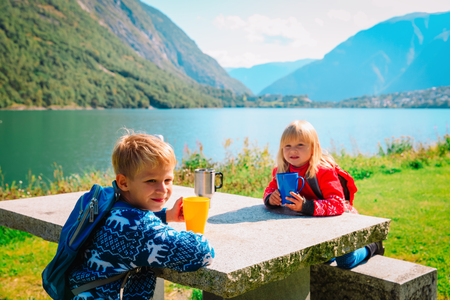 family hiking. little boy and girl having picnic in scenic natureの写真素材