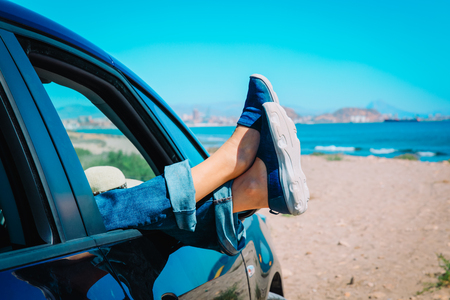 travel by car on beach concept, vacation at seaの写真素材