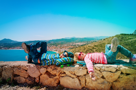 ittle boy and girl travel in Europe, Spain, relax on travelの写真素材