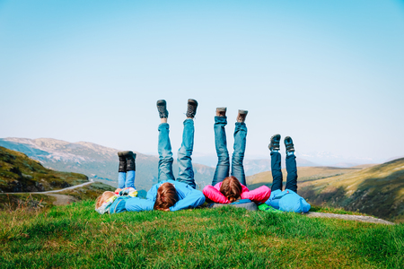 happy family with kids relax in mountains, nature travel conceptの写真素材