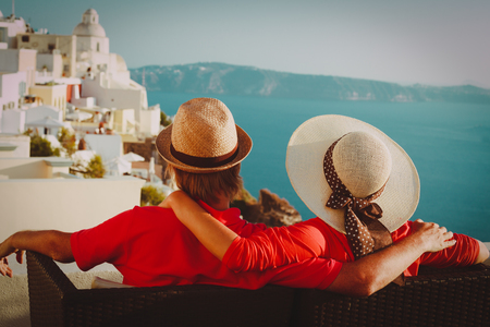 happy young couple on vacation in Greeceの写真素材