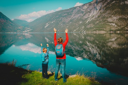 family travel concept- mother and son travel in natureの写真素材