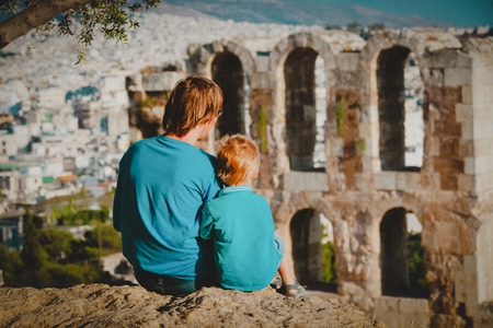 father and little son travel in Acropolis, Athens, Greeceの写真素材