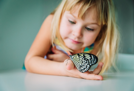 Little girl looking at butterfy, child explore insectsの写真素材