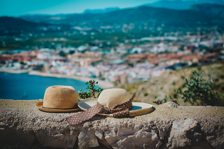 two hats on vacation in Europe, Spainの写真素材