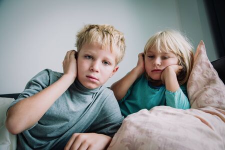 Sick kids with fever at home, virus or infecition, pain concept