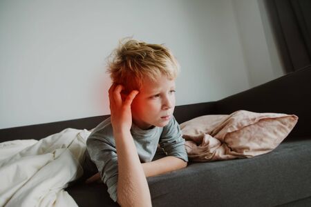Sick child with ear pain, sharp pain concept