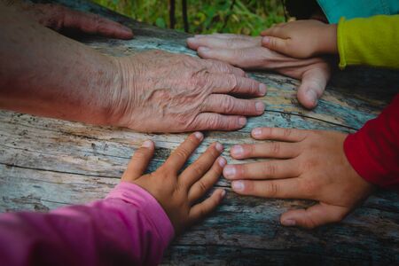grandparents and kids hands, concept of familyの写真素材