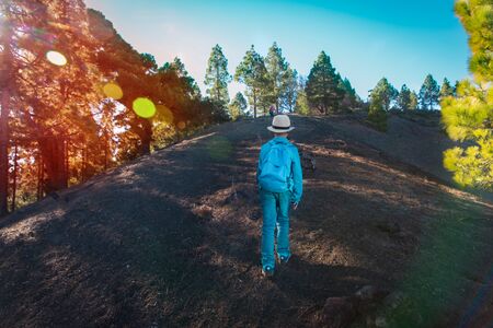 kids -boy and girl -travel in nature, family hikingの写真素材