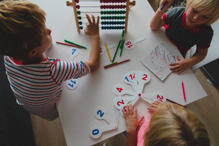 kids learning numbers, abacus calculation, children study math, educationの写真素材