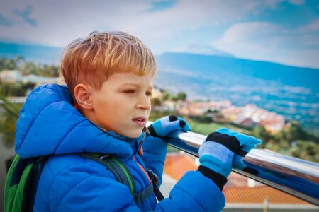 little boy travel in nature, looking at scenic view in Tenerife, Spain