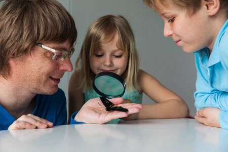 kids study batterfly through magnifying glass, doing rearch project for schoolの写真素材