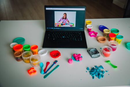 Online lesson for kids on clay molding, remote learning and creative activitiesの写真素材