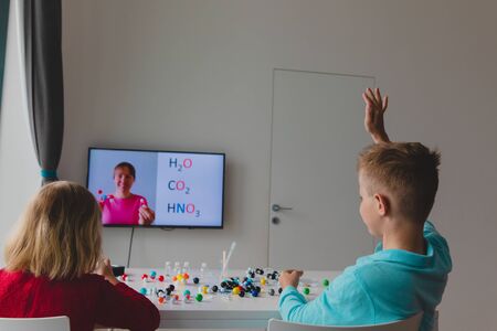 Kids learning remotely. Children having online chemistry lesson at home