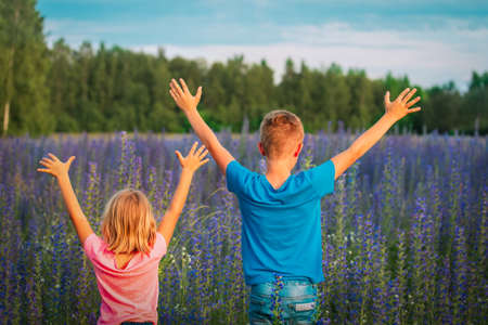 happy kids hand up in flower field on sunny day, summer vacation conceptの写真素材