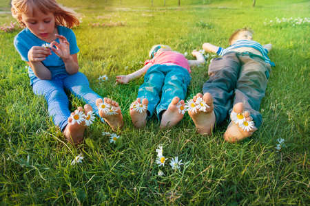 kidss feet with camomile on green grassの写真素材