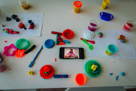 Online lesson for kids on clay molding, remote learning and creative activitiesの写真素材