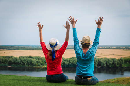 happy couple enjoy travel in the countryの写真素材