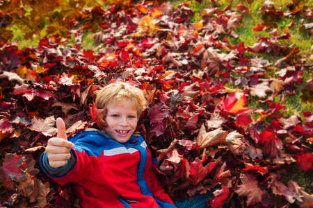 happy teenage kid enjoy playing in autumn fall leavesの写真素材