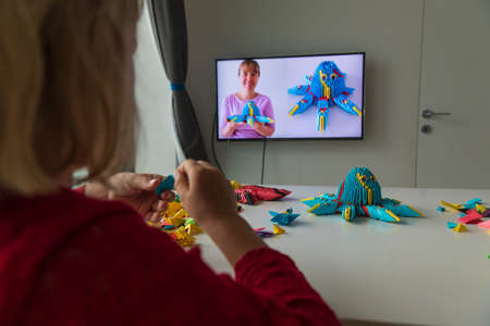 little girl having origami lesson online, remote learningの写真素材