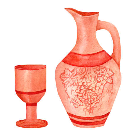 A clay jug with a handle and a grape ornament. Red wine cup. Watercolor illustration, isolated on white background.の写真素材