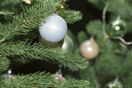 Christmas tree decorated with toys. Colored balls hanging on a branch of a Christmas tree.の写真素材